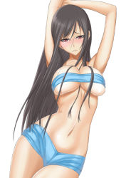 Rule 34 | 1girl, armpits, arms up, bandeau, black hair, blush, breasts, cleavage, contrapposto, cowboy shot, large breasts, long hair, midriff, muffin (sirumeria), navel, original, red eyes, shorts, solo, standing, strapless, tube top, underboob