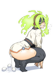 Rule 34 | 1girl, arm support, ass, black sash, black thighhighs, blush, boku no hero academia, breasts, burnin (boku no hero academia), dyun, egg laying, eye mask, from side, full body, green hair, grey jacket, grin, hairband, highres, jacket, large breasts, looking at viewer, looking to the side, no shoes, sash, simple background, smile, solo, squatting, thighhighs, tiptoes, white background, yellow eyes