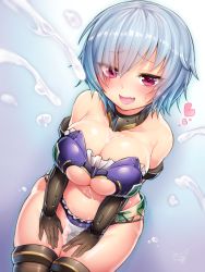 Rule 34 | 1girl, bikini, blue bikini, blue hair, blush, breasts, cleavage, doyouwantto, elbow gloves, eyes visible through hair, fang, frame arms girl, frilled bikini, frills, gloves, hair over one eye, heart, hresvelgr, large breasts, mecha musume, mechanical legs, navel, open mouth, pink eyes, shiny clothes, shiny skin, short hair, sitting, skin fang, solo, suggestive fluid, swimsuit, thigh gap