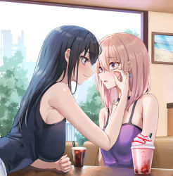 Rule 34 | 2girls, arm support, bare arms, black choker, black hair, black shirt, blue eyes, blush, breasts, brown eyes, choker, crying, drink, earrings, food, hand on another&#039;s face, hanging breasts, highres, ice cream, indoors, jewelry, large breasts, leaning forward, long hair, multiple girls, open mouth, original, painting (object), pink hair, piripun, restaurant, shirt, sideboob, sidelocks, sitting, sleeveless, sleeveless shirt, small breasts, smile, spaghetti strap, symbol-only commentary, table, tears, wiping tears, yuri