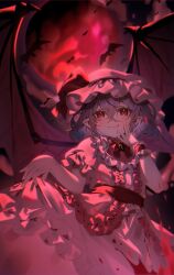 Rule 34 | 1girl, bat (animal), bat wings, blood, blood on face, blue hair, brooch, closed mouth, commentary request, fang, full moon, hat, hat ribbon, highres, jewelry, medium hair, mob cap, moon, pointy ears, rakugakiman2222, red eyes, red moon, remilia scarlet, ribbon, short sleeves, single wrist cuff, skin fang, skirt hold, slit pupils, smile, solo, touhou, wings, wrist cuffs