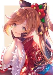 Rule 34 | 1girl, 2019, :d, aoi (kirabosi105), black gloves, clarisse (granblue fantasy), commentary request, flower, gloves, granblue fantasy, green eyes, hair flower, hair ornament, hands on own cheeks, hands on own face, happy new year, japanese clothes, kimono, long hair, long sleeves, looking at viewer, new year, obi, open mouth, orange hair, ponytail, red kimono, sash, smile, solo, wide sleeves