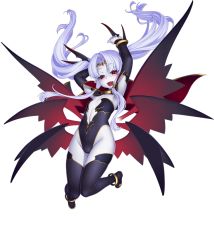 Rule 34 | 1girl, arms up, awakening (sennen sensou aigis), bat wings, black thighhighs, blush, boots, cape, circlet, colored skin, detached sleeves, eden (sennen sensou aigis), fangs, flat chest, floating hair, full body, gochou (kedama), head wings, leotard, long hair, multiple wings, official art, open mouth, pointy ears, red eyes, sennen sensou aigis, sidelocks, slit pupils, solo, thigh boots, thighhighs, transparent background, twintails, vampire, white hair, white skin, wings