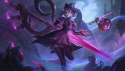 Rule 34 | 1girl, animal, artist request, black dress, black headwear, black thighhighs, building, candle, candy, cat, dress, food, foot up, frilled dress, frilled sleeves, frills, gem, green hair, gwen (league of legends), hair ornament, highres, holding, holding scissors, league of legends, long hair, long sleeves, moon, night, outdoors, pink dress, pink eyes, puffy short sleeves, puffy sleeves, scissors, short sleeves, smile, solo, swept bangs, sword, teeth, thighhighs, third-party source, twintails, weapon