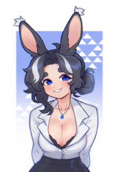 Rule 34 | 1girl, animal ears, artist name, black bra, black hair, black skirt, blue eyes, blush, bra, breasts, cleavage, collared shirt, dress shirt, highres, jewelry, large breasts, long sleeves, m (sharktuna), multicolored hair, necklace, office lady, original, parted lips, rabbit ears, rabbit girl, sharktuna, shirt, shirt tucked in, skirt, smile, solo, streaked hair, thick eyebrows, underwear, white shirt