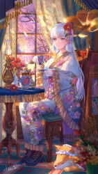 Rule 34 | 1girl, animal, ayaka (genshin impact), bare tree, black bow, blunt bangs, bookshelf, boots, bow, brown footwear, candle, chinese commentary, clothed animal, commentary request, cross-laced footwear, cup, curtains, dated commentary, floral print, flower, frilled sleeves, frills, full body, fur shawl, genshin impact, gloves, hair bow, hair flower, hair ornament, hair ribbon, hebbtia, highres, holding, holding cup, holding saucer, indoors, japanese clothes, kimono, light blush, long hair, long sleeves, looking at viewer, mole, mole under eye, on chair, parted lips, phonograph, pink bow, pink flower, plant, potted plant, red flower, ribbon, saucer, shawl, shiba inu, signature, sitting, snow, snowflake hair ornament, solo, straight hair, sunset, table, tablecloth, tassel, teacup, teapot, tree, vase, very long hair, white bow, white eyes, white gloves, white hair, white kimono, white shawl, white sleeves, wide sleeves, window, winter, wrist ribbon, yellow ribbon, yukata
