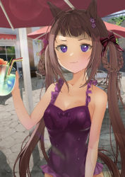 Rule 34 | absurdres, alternate costume, animal ears, blush, braided hair rings, breasts, brown hair, closed eyes, collarbone, drink, drinking straw, glass, hair ornament, hair ribbon, hair rings, highres, horei tsuna, horse ears, looking at viewer, one-piece swimsuit, purple one-piece swimsuit, ribbon, small breasts, sweep tosho (monopolizing the chill?) (umamusume), sweep tosho (umamusume), swimsuit, umamusume, wet