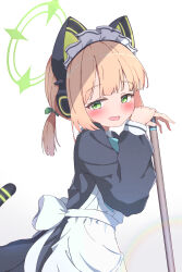 Rule 34 | 1girl, absurdres, apron, blonde hair, blue archive, green eyes, halo, highres, looking at viewer, maid, maid apron, maid headdress, medium hair, midori (blue archive), midori (maid) (blue archive), natsukari na, official alternate costume, simple background, solo, white background