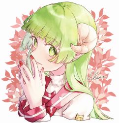 Rule 34 | 1girl, badge, closed mouth, curled horns, green eyes, green hair, highres, horns, leaf, long hair, long sleeves, mairimashita! iruma-kun, nail polish, own hands together, pointy ears, purutera, red nails, red sailor collar, sailor collar, simple background, smile, solo, straight hair, turtleneck, valac clara