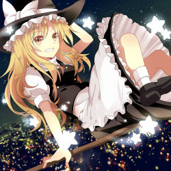 Rule 34 | 1girl, al (ahr), apron, arm support, aru (iceland), bad id, bad pixiv id, blonde hair, bow, braid, broom, broom riding, cityscape, dress, frilled skirt, frills, grin, hair bow, hand on headwear, hat, hat bow, highres, kirisame marisa, long hair, looking at viewer, puffy short sleeves, puffy sleeves, reclining, short sleeves, single braid, skirt, smile, solo, star (symbol), touhou, turtleneck, waist apron, witch hat, yellow eyes