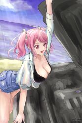 Rule 34 | 1girl, absurdres, bang dream!, blush, breasts, cleavage, cloud, highres, large breasts, light rays, looking at viewer, maruyama aya, medium hair, open mouth, outdoors, pink eyes, pink hair, rbmsites, sky, smile, solo, twintails