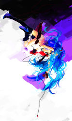Rule 34 | 1girl, abstract background, absurdres, ass, bad id, bad pixiv id, black footwear, black gloves, blue hair, boots, cable, color contrast, crying, gloves, unworn gloves, hair ornament, hair over face, hatsune miku, high heel boots, high heels, highres, legs, long hair, lying, mitsui, multicolored hair, necktie, no panties, off shoulder, on side, partially undressed, red eyes, solo, tears, texture, thigh boots, thighhighs, thighs, tie clip, translation request, two-tone hair, unplugged, vocaloid
