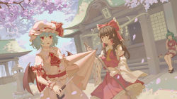 Rule 34 | 3girls, absurdres, architecture, ascot, bat wings, blue hair, bow, brooch, broom, brown hair, cherry blossoms, day, detached sleeves, dress, flower, food, frilled bow, frilled shirt collar, frills, gohei, hair bow, hair tubes, hakurei reimu, hat, highres, holding, holding broom, jewelry, komano aunn, long hair, long sleeves, mob cap, multiple girls, open mouth, outdoors, petals, pink flower, puffy short sleeves, puffy sleeves, red bow, red eyes, red shirt, red skirt, red vest, remilia scarlet, ribbon, ribbon-trimmed sleeves, ribbon trim, shirt, shoes, short hair, short sleeves, sidelocks, sitting, skirt, skirt set, spring (season), standing, touhou, tree, vest, wagashi, wide sleeves, wings, wrist cuffs, youpofen