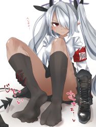 Rule 34 | 1girl, absurdres, black legwear, blue archive, boots, dark skin, demon tail, feet, foot focus, hair over one eye, highres, iori (blue archive), long hair, looking at viewer, pointy ears, red eyes, samuimo21, shoes, unworn shoes, silver hair, socks, steam, tail, twintails
