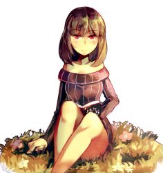Rule 34 | 1girl, bad id, bad pixiv id, bare legs, black hair, bob cut, book, breasts, brown hair, flower, frown, grass, jitome, legs, looking at viewer, off-shoulder, off-shoulder sweater, off shoulder, on ground, open book, original, red eyes, ribbed sweater, sitting, solo, sweater, tthal