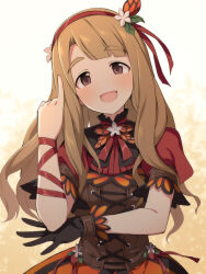 Rule 34 | 1girl, :d, black gloves, brown eyes, brown hair, flower, gloves, hair flower, hair ornament, hairband, hand up, head tilt, highres, idolmaster, idolmaster million live!, long hair, looking at viewer, miyao miya, open mouth, orange skirt, parted bangs, pinky out, puffy short sleeves, puffy sleeves, red hairband, red shirt, shirt, short sleeves, single glove, skirt, smile, solo, thick eyebrows, uccow, very long hair, white flower