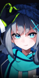 Rule 34 | 1girl, ansan ey, bad id, bad pixiv id, balaclava, blazer, blue archive, blue eyes, blue scarf, close-up, commentary, earrings, eyes visible through hair, grey hair, hair between eyes, hair ornament, unworn headwear, highres, jacket, jewelry, long sleeves, looking at viewer, mismatched pupils, necktie, scarf, school uniform, shiroko (blue archive), short hair, sidelocks, simple background, solo, two-tone gloves