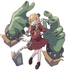 Rule 34 | 1girl, blonde hair, book, bow, box, braid, buttons, cardboard box, chain, chain leash, clenched hands, collar, colored skin, disembodied hand, full body, giant hand, gloves, green skin, hair bow, hair over one eye, highres, leash, magic, metal collar, nervous, nervous sweating, open mouth, original, pantyhose, red skirt, shoes, simple background, skirt, studded bracelet, sweat, twin braids, white background, white pantyhose, yeahfakkyu, yoinomori hizumi