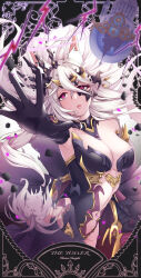 1girl absurdres altheavin animal_ear_fluff animal_ears black_leotard breasts cleavage clothing_cutout elbow_gloves fox_ears fox_girl gloves hair_between_eyes highres leotard long_hair multiple_views navel_cutout princess_connect! reaching red_eyes senri_mana tarot the_tower_(tarot) thighhighs very_long_hair white_hair