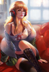 Rule 34 | 10s, 1girl, backlighting, boots, breasts, cleavage, cross-laced footwear, eyebrows, fur trim, glasses, green jacket, headphones, highres, jacket, lace-up boots, long hair, looking at viewer, messy hair, midriff, navel, off shoulder, orange hair, persona, persona 5, realistic, sakura futaba, shorts, sitting, solo, source request, sunlight, thigh boots, thighhighs, yangfan