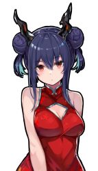Rule 34 | 1girl, arknights, bare shoulders, blue hair, breasts, ch&#039;en (ageless afterglow) (arknights), ch&#039;en (arknights), china dress, chinese clothes, cleavage, cleavage cutout, closed mouth, clothing cutout, commentary request, double bun, dragon horns, dress, floral print, hair between eyes, hair bun, head tilt, highres, horns, idashige (walkietalkie), looking at viewer, medium breasts, medium hair, official alternate costume, outline, print dress, red dress, red eyes, sidelocks, simple background, sleeveless, sleeveless dress, solo, upper body, white background