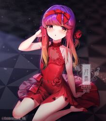Rule 34 | 1girl, alternate costume, blush, brown eyes, character name, dress, gradient hair, high heels, highres, kantai collection, long hair, mole, mole under eye, multicolored hair, parted lips, purple hair, red dress, red footwear, sleeveless, sleeveless dress, solo, tsushima (kancolle), twitter username, unidentified nk