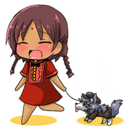 Rule 34 | 1girl, :d, ^ ^, animal, asha (fate), barefoot, blush, braid, brown hair, brown hat, brown jacket, brown pants, cabbie hat, chibi, closed eyes, clothed animal, colored shadow, commentary request, dog, dress, fate/grand order, fate (series), hat, indian clothes, jacket, long hair, open mouth, oshiruko (uminekotei), pants, patxi (fate), red dress, shadow, short sleeves, smile, solo, standing, standing on one leg, twin braids, white background