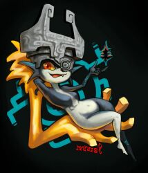 Rule 34 | 1girl, arms behind head, barefoot, black background, black skin, blonde hair, breasts, colored sclera, colored skin, fang, full body, helmet, highres, looking at viewer, medium breasts, midna, minuspal, navel, nintendo, no nipples, nude, one eye covered, orange hair, pointy ears, ponytail, red eyes, sitting, smile, solo, the legend of zelda, the legend of zelda: twilight princess, wide hips, yellow sclera