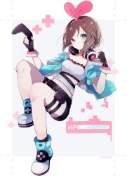 Rule 34 | 1girl, aqua eyes, breasts, brown hair, captain yue, cleavage, controller, full body, game controller, gamepad, hairband, headphones, health bar, highres, jacket, kizuna ai, kizuna ai (a.i. games), kizuna ai inc., looking at viewer, lying, medium breasts, official alternate costume, on back, short hair, shorts, solo, virtual youtuber