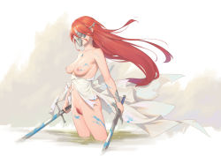 Rule 34 | 1girl, bigrbear, breasts, female pubic hair, holding, holding sword, holding weapon, jewelry, mask, medium breasts, necklace, nipples, original, pubic hair, red hair, red pubic hair, solo, sword, weapon