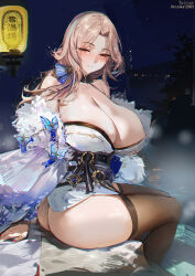 Rule 34 | 1girl, ass, bare shoulders, blonde hair, breasts, brown thighhighs, cleavage, closed mouth, commentary, english commentary, from behind, goddess of victory: nikke, highres, japanese clothes, large breasts, long hair, looking at viewer, looking back, ludmilla (nikke), ludmilla (winter owner) (nikke), misaka 12003-gou, night, official alternate costume, outdoors, parted bangs, red eyes, smile, solo, thighhighs, thighs
