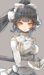 Rule 34 | 1girl, azur lane, black hair, bow, breasts, coat, cowboy shot, expressionless, gloves, grey background, hair bow, high collar, highres, long hair, long sleeves, looking at viewer, medal, medium breasts, military, military uniform, miniskirt, nyucha, orange eyes, parted lips, pleated skirt, ponytail, scabbard, sheath, sheathed, simple background, skirt, solo, sword, takao (azur lane), uniform, weapon, white gloves, white skirt
