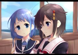 Rule 34 | 10s, 2girls, 3:, ahoge, alternate hair length, alternate hairstyle, bad id, bad pixiv id, black hair, blue eyes, blue hair, hair flaps, hair ornament, kantai collection, letterboxed, looking at another, multiple girls, parted lips, purple eyes, remodel (kantai collection), samidare (kancolle), school uniform, serafuku, shigure (kancolle), short hair, short hair with long locks, upper body, yukichi (eikichi)