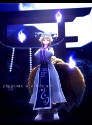 Rule 34 | 1girl, 3d, animal hat, backlighting, blonde hair, boots, dress, english text, fox tail, full moon, hands in opposite sleeves, hat, highres, hitodama, letterboxed, long sleeves, looking at viewer, mikumikudance (medium), mob cap, moon, moonlight, multiple tails, multiple torii, night, night sky, own hands together, red eyes, rope, shimenawa, shoes, short hair, silhouette, sky, solo, tabard, tail, tassel, torii, touhou, tree, white dress, white footwear, wide sleeves, yakumo ran, yasiro (oyasiro35)