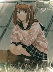 Rule 34 | 2boys, :o, black socks, brown hair, commentary, film grain, full body, grass, hair ornament, hair scrunchie, highres, holding, holding umbrella, idolmaster, idolmaster side-m, loafers, looking at another, looking up, male focus, mizushima saki, multiple boys, non (im2 non), pig, plaid, plaid skirt, pleated skirt, rain, school uniform, scrunchie, serafuku, shoes, skirt, socks, solo focus, squatting, symbol-only commentary, trap, twintails, umbrella, wet, wet clothes