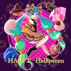 Rule 34 | 1girl, aqua hair, bad id, bad pixiv id, black gloves, blue eyes, cat, earrings, elbow gloves, ghost, gift, gloves, green hair, halloween, happy halloween, hat, hatsune miku, highres, jewelry, kyo (kyo21413), long hair, looking at viewer, resolution mismatch, solo, twintails, typo, very long hair, vocaloid, wand, witch hat