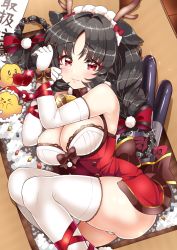 Rule 34 | &gt; &lt;, 1girl, antlers, arato asato, ass, azur lane, bell, bird, black hair, blush, bound, box, braid, breasts, chick, cleavage, elbow gloves, gloves, highres, horns, in box, in container, large breasts, o o, ooshio (azur lane), ooshio (the reindeer&#039;s present) (azur lane), panties, red eyes, reindeer antlers, ribbon, ribbon bondage, solo, thighhighs, twin braids, underwear, wavy mouth, white gloves, white panties, white thighhighs
