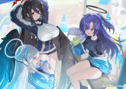 Rule 34 | 3girls, black hair, black shirt, black wings, blue archive, blue buruma, blue jacket, blue shorts, blush, bottle, breasts, buruma, choker, collarbone, feathered wings, hair between eyes, hair ornament, half updo, halo, hasumi (blue archive), hasumi (track) (blue archive), hayama eishi, high ponytail, huge breasts, id card, jacket, lanyard, large breasts, long hair, long sleeves, low wings, medium breasts, mole, mole under eye, multiple girls, noa (blue archive), open mouth, parted bangs, partially unzipped, ponytail, purple eyes, purple hair, red eyes, shirt, short shorts, shorts, sidelocks, sitting, smile, star sticker, sticker on face, stretching, thighs, track jacket, very long hair, water bottle, white hair, white shirt, wings, yuuka (blue archive), yuuka (track) (blue archive)