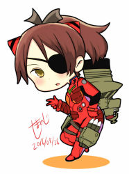 Rule 34 | 1girl, bandages, bodysuit, brown hair, chibi, cosplay, evangelion: 2.0 you can (not) advance, evangelion: 3.0 you can (not) redo, eyepatch, kantai collection, machinery, name connection, neon genesis evangelion, pilot suit, plugsuit, ponytail, rebuild of evangelion, shikinami (kancolle), shimanoji, short hair, solo, souryuu asuka langley, souryuu asuka langley (cosplay), yellow eyes