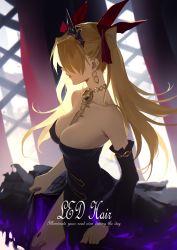 Rule 34 | 1girl, adapted costume, backlighting, bare shoulders, between breasts, black detached sleeves, black dress, blonde hair, blurry, blurry background, breasts, cleavage, closed mouth, clothes lift, collarbone, commentary, cowboy shot, crown, curtains, day, detached sleeves, dress, dress lift, earrings, english text, ereshkigal (fate), fate/grand order, fate (series), female focus, from side, hair ribbon, highres, indoors, jewelry, large breasts, lips, long dress, long hair, neck, necklace, parted bangs, pelvic curtain, red lips, red ribbon, rekaerb maerd, ribbon, single detached sleeve, skull, skull necklace, solo, spine, standing, strapless, strapless dress, symbol-only commentary, tiara, tohsaka rin, twintails, type-moon, typo, window