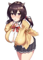 Rule 34 | 1girl, alternate breast size, azur lane, bell, black hair, blush, bow, breasts, brown eyes, button gap, cardigan, cleavage, commentary request, gen (black factory), hair between eyes, hair ornament, hairclip, highres, horns, large breasts, leaning forward, long hair, long sleeves, looking at viewer, nagara (azur lane), open mouth, pleated skirt, shirt, skirt, solo, standing, twintails, white shirt