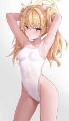 Rule 34 | 1girl, :/, absurdres, armpits, arms behind head, arms up, blonde hair, blue archive, blush, breasts, brown eyes, closed mouth, commentary request, competition swimsuit, covered navel, cowboy shot, gluteal fold, hair ribbon, halo, hands in own hair, highleg, highleg one-piece swimsuit, highres, long hair, looking at viewer, mau (akdntm3158), medium breasts, one-piece swimsuit, pink ribbon, ribbon, simple background, solo, standing, sweatdrop, swimsuit, twintails, v-shaped eyebrows, white background, white one-piece swimsuit, yellow halo, yoshimi (blue archive)