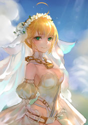 Rule 34 | 10s, 1girl, absurdres, ahoge, bare shoulders, belt, blonde hair, breasts, chain, cleavage, cloud, day, detached sleeves, eyelashes, fate/extra, fate/extra ccc, fate (series), green eyes, groin, highres, kamachi kamachi-ko, leotard, lock, looking at viewer, medium breasts, nero claudius (bride) (fate), nero claudius (bride) (second ascension) (fate), nero claudius (fate), nero claudius (fate) (all), padlock, sky, smile, solo, veil, wind, wreath