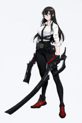 Rule 34 | 1girl, badge, bandaid, bandaid on cheek, bandaid on face, belt, black belt, black gloves, black hair, black necktie, black pants, breasts, closed mouth, collared shirt, commentary, dongho kang, english commentary, full body, gloves, grey background, grey eyes, gun, hair between eyes, handgun, highres, holding, holding gun, holding sword, holding weapon, long hair, looking at viewer, necktie, original, pants, pocket, pouch, red footwear, revolver, shirt, sidelocks, simple background, sleeves rolled up, solo, standing, sword, weapon, white background, white shirt
