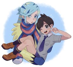 Rule 34 | 2boys, :o, ;d, black socks, blue mittens, blue scarf, blush, breast pocket, brown eyes, brown footwear, brown hair, carrying, collared shirt, commentary request, creatures (company), florian (pokemon), game freak, green eyes, green hair, grey shirt, grusha (pokemon), hand up, highres, jacket, knees, long sleeves, male focus, mittens, multiple boys, necktie, nintendo, notice lines, one eye closed, open mouth, pocket, poke ball print, pokemon, pokemon sv, purple necktie, purple shorts, sana (37pisana), scarf, shirt, shoes, short hair, shorts, smile, socks, striped clothes, striped scarf, teeth, tongue, upper teeth only, v, yellow jacket