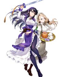 Rule 34 | 2girls, apron, asatani tomoyo, ayra (fire emblem), belt pouch, black hair, blonde hair, bottle, breasts, bucket, cake, closed mouth, cup, dress, fire emblem, fire emblem: genealogy of the holy war, fire emblem: three houses, fire emblem heroes, flower, food, fruit, full body, glass bottle, highres, holding, holding tray, holding weapon, long skirt, long sleeves, maid, maid headdress, medium breasts, mercedes von martritz, multiple girls, nintendo, non-web source, official art, pantyhose, pouch, puffy sleeves, purple eyes, shoes, side slit, skirt, teacup, teapot, transparent background, tray, weapon, wrist cuffs