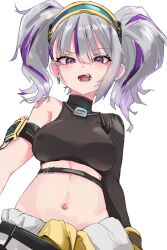 Rule 34 | 1girl, black shirt, breasts, clothes around waist, crop top, drilley (nikke), earrings, fang, gloves, goddess of victory: nikke, grey hair, highres, jacket, jacket around waist, jewelry, looking at viewer, medium breasts, midriff, multicolored hair, navel, ninchan, open mouth, purple eyes, purple hair, shirt, short twintails, simple background, single sleeve, solo, streaked hair, twintails, two-tone hair, visor, white background, yellow gloves