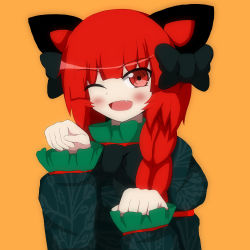 Rule 34 | ;d, alternate hairstyle, animal ears, braid, cat ears, cat tail, fang, highres, kaenbyou rin, one eye closed, open mouth, paw pose, red hair, seo haruto, single braid, smile, solo, tail, touhou