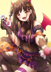 Rule 34 | 1girl, absurdres, bare shoulders, black gloves, blush, breasts, brown hair, candy, cleavage, demon horns, demon wings, earrings, facial mark, food, gloves, hair ornament, halloween, highres, holding, holding candy, holding food, horns, idolmaster, idolmaster shiny colors, jewelry, large breasts, long hair, looking at viewer, miniskirt, open mouth, purple skirt, red eyes, simple background, skirt, smile, sonoda chiyoko, sora (men0105), star (symbol), star earrings, star facial mark, star hair ornament, thigh strap, wings, yellow background