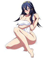 Rule 34 | 1girl, alternate breast size, bad id, bad pixiv id, blue eyes, blue hair, blush, breast hold, breasts, covering privates, fire emblem, fire emblem awakening, looking at viewer, lucina (fire emblem), matching hair/eyes, naked towel, nintendo, nude, nude cover, sakuraprin, smile, solo, sweat, towel